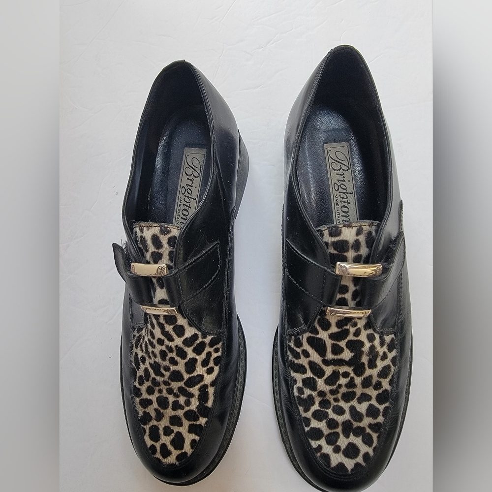 Brighton Vintage Black and Leopard Print Women's Buckle Loafers Size 8.5